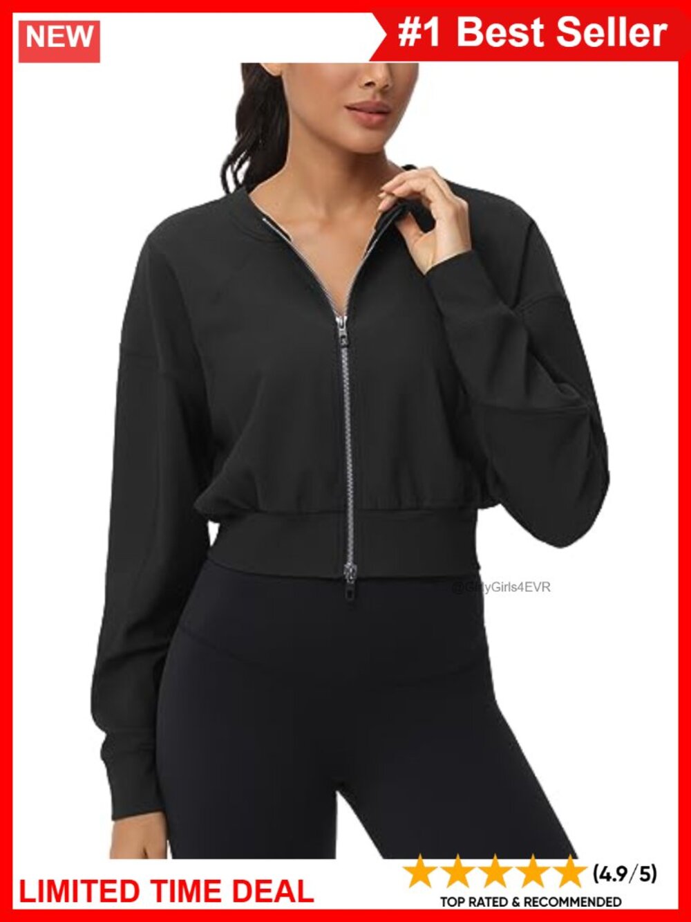 Full Zip Cropped Gym Jacket Ribbed Loose Fit Workout Zip-Up